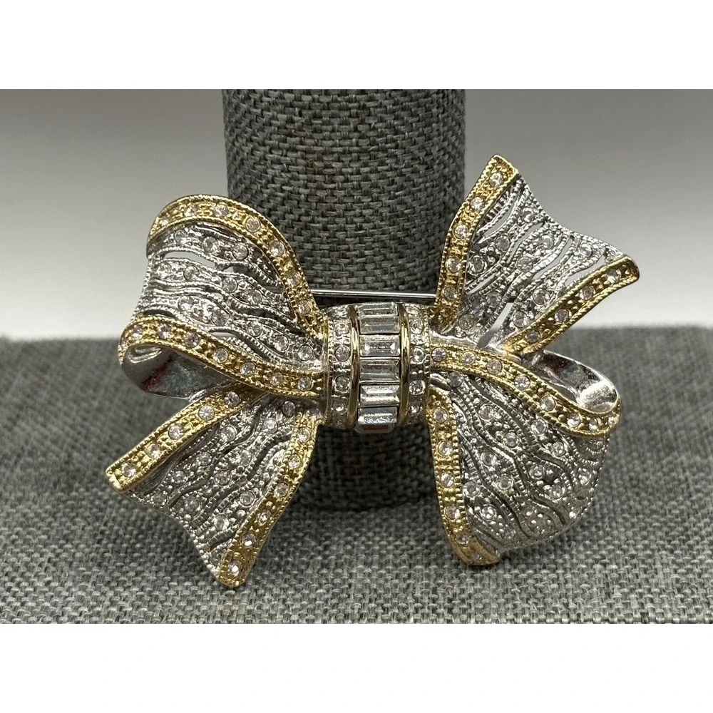 Vintage 90s Gold Tone Silver Tone Rhinestone Bow Brooch Pin Art Deco Revival